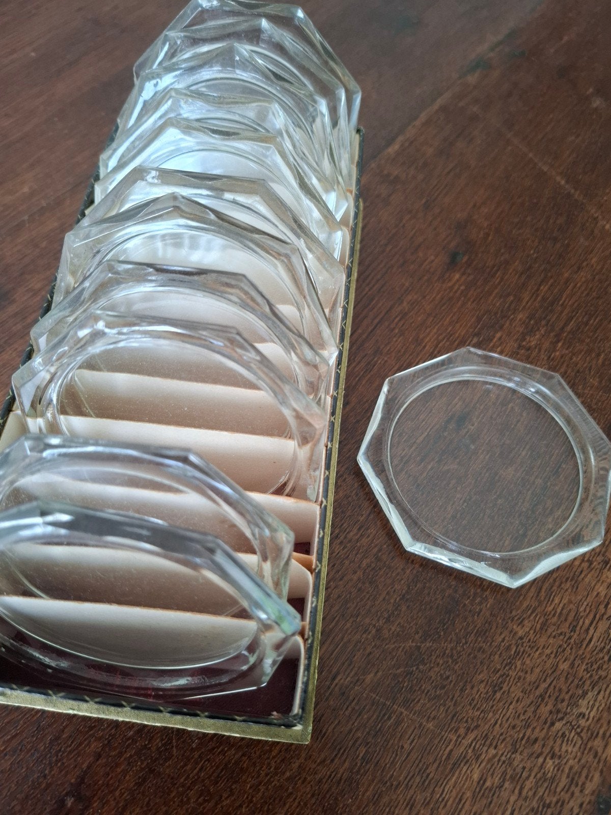 Set van 12 vintage glazen onderzetters in doos, Ophalen of Verzenden