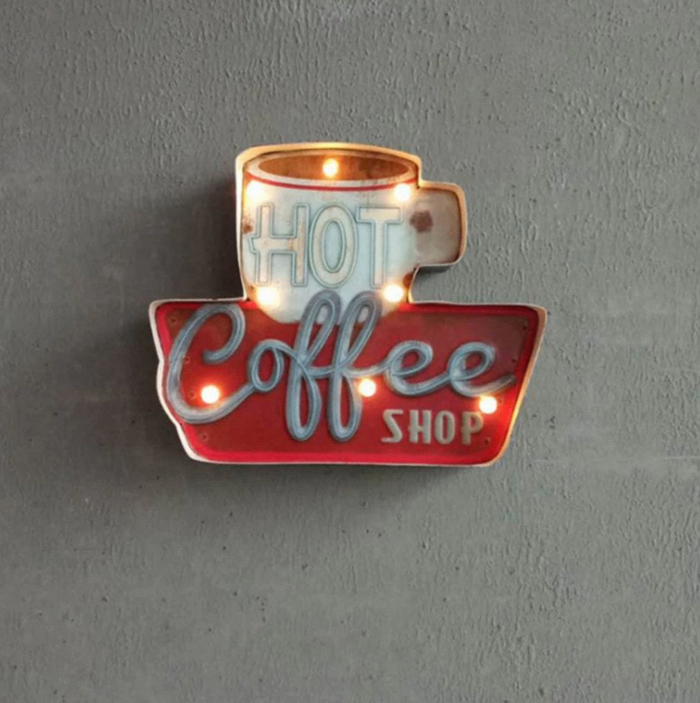 Hot Coffee Shop Metalen LED Bord - Plaat Retro Koffie Lamp, Verzenden, Nieuw, Wandbord of Wandpaneel