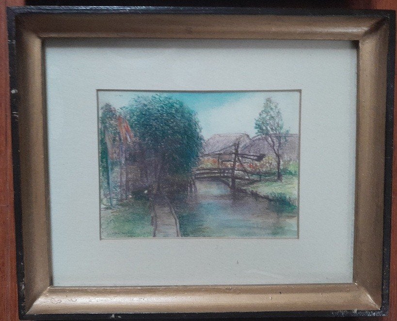 Ophaalbrug in Giethoorn. Pastel krijttekening, Ophalen, Minder dan 50 cm, Gebruikt, Oorspronkelijke maker