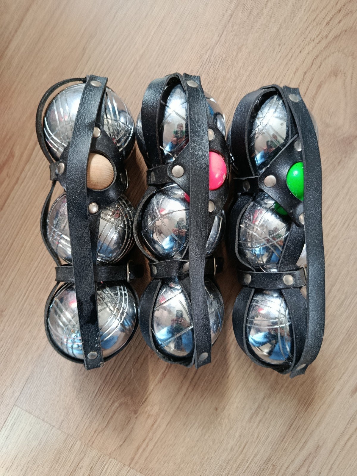 Petanque set met 3 ballen en leren draagriem, Ophalen, Gebruikt