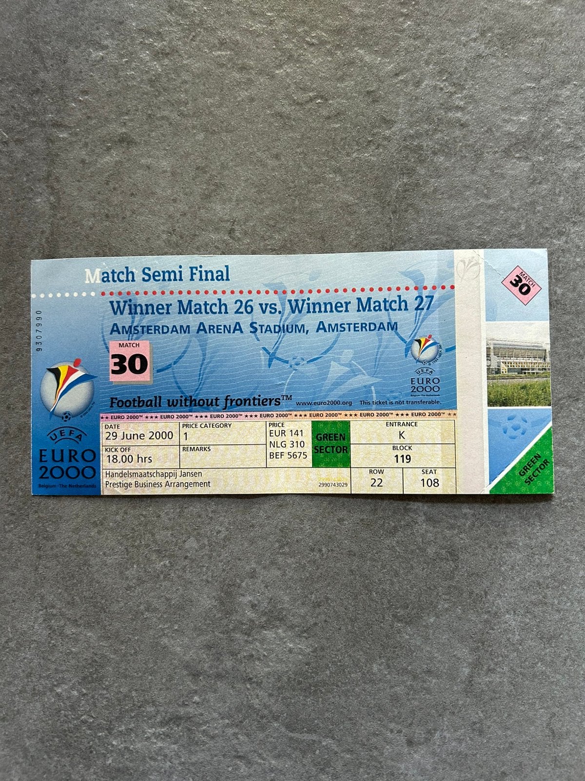 Halve finale van Euro 2000 Italië - Nederland ticket, Ophalen of Verzenden, Gebruikt, Overige binnenlandse clubs, Overige typen