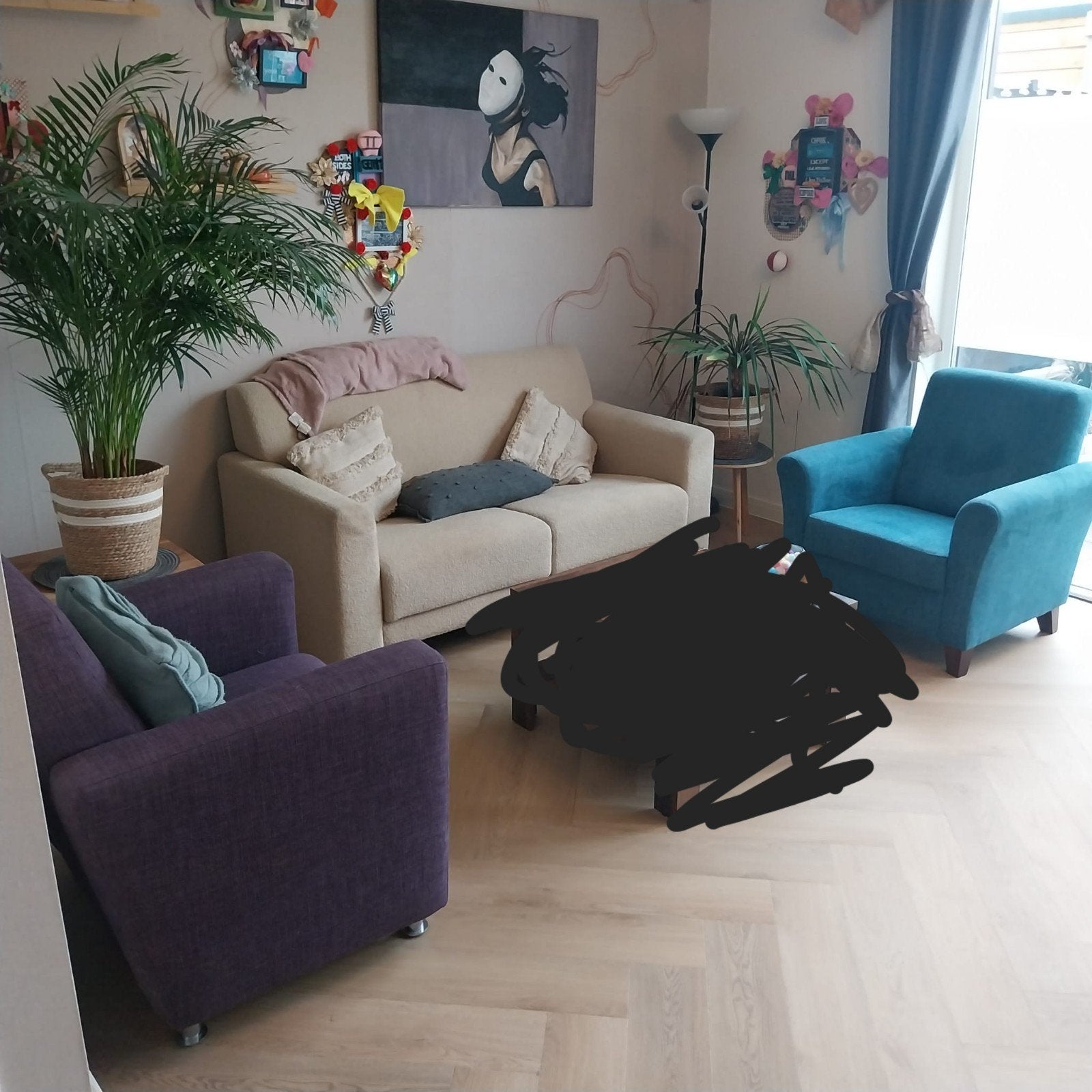 Comfortabele 2-zitsbank en fauteuils, Huis en Inrichting, Ophalen, Gebruikt, Modern en comfortabel, 150 tot 200 cm