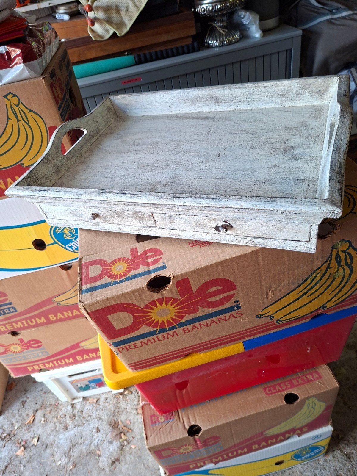 Vintage houten dienblad met lades, Huis en Inrichting, Ophalen, Gebruikt, Dienblad, Met handvatten