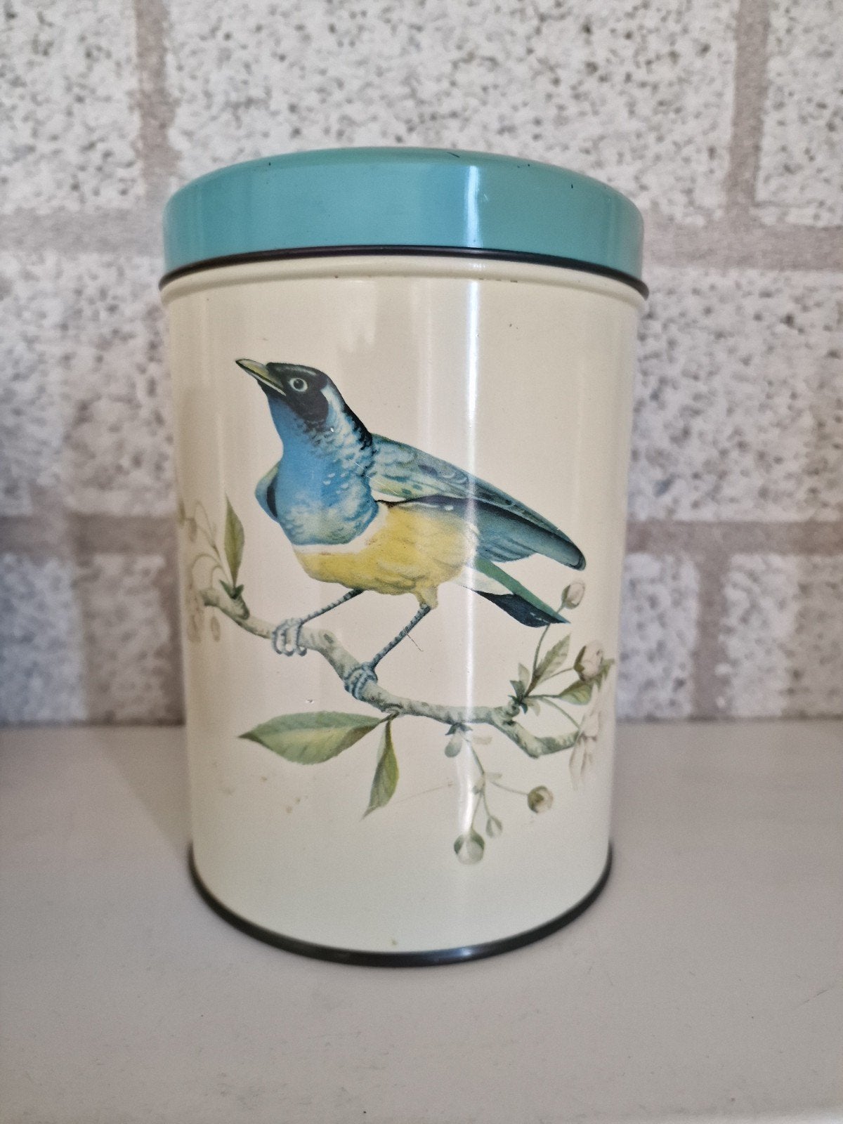 Vintage voorraad blik met vogel, Verzamelen, Blikken, Ophalen of Verzenden, Gebruikt, Overige