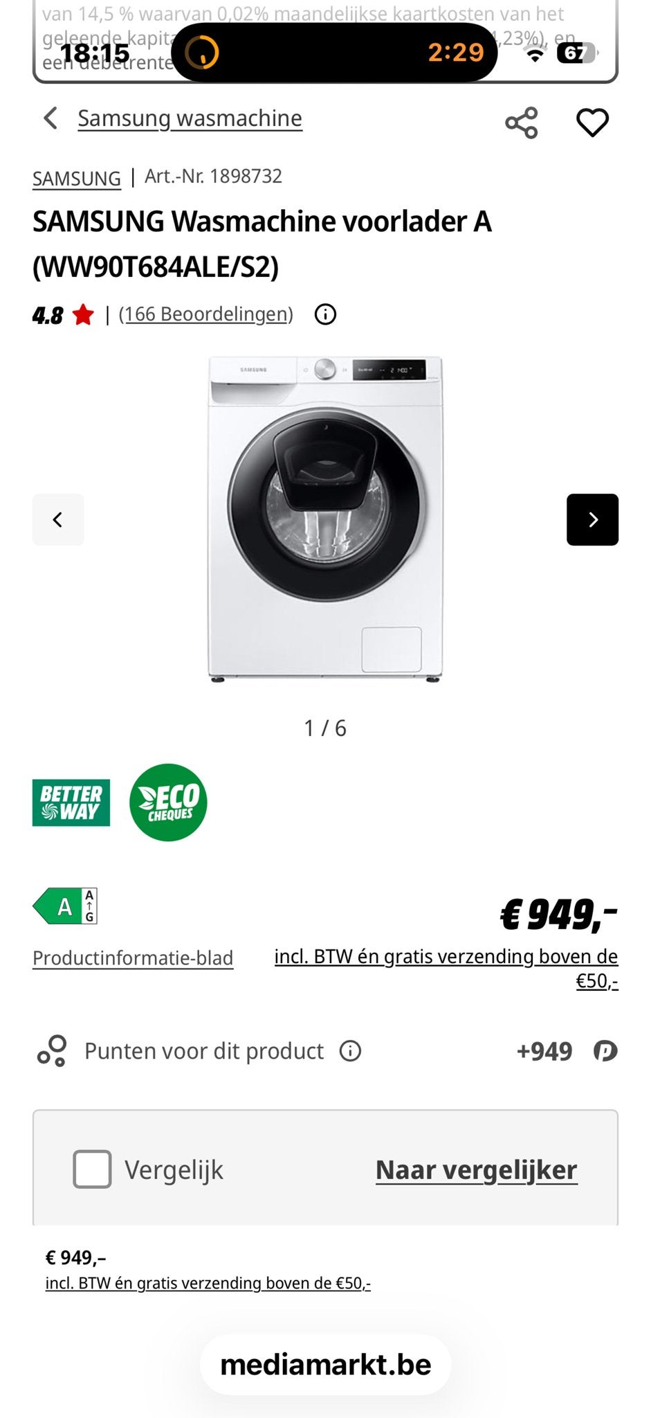Samsung Voorlader Wasmachine A (WW90T684ALE/S2) 9kg, Ophalen, 1200 tot 1600 toeren, 8 tot 10 kg, Nieuw