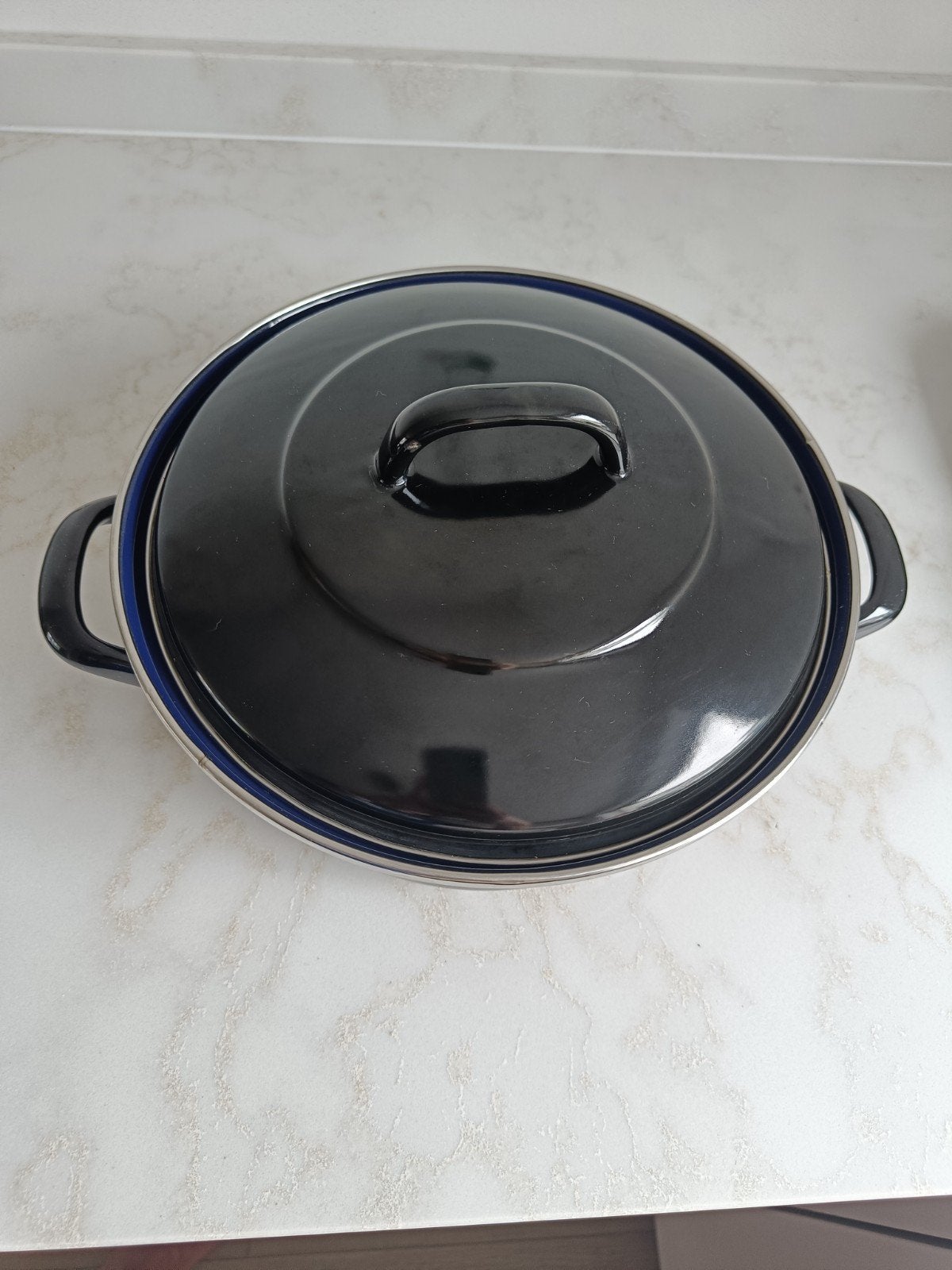 Juspan / Braadpan - Blauw emaille met deksel, Gebruikt, Braadpan, Ophalen of Verzenden, Met deksel