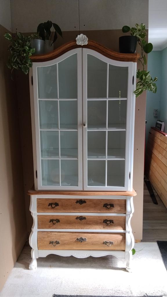 Antieke vitrinekast met lades - Wit en hout, Ophalen