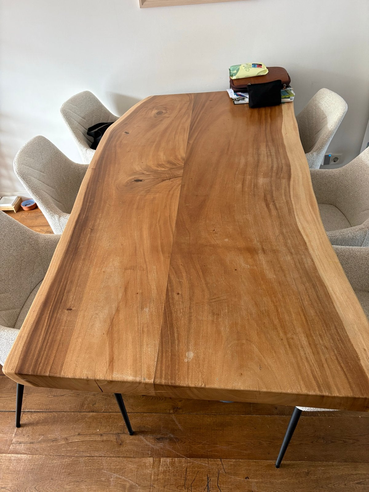 houten eettafel met metalen onderstel (vanaf Sept ophalen), Ophalen, Gebruikt, 100 tot 150 cm, 200 cm of meer
