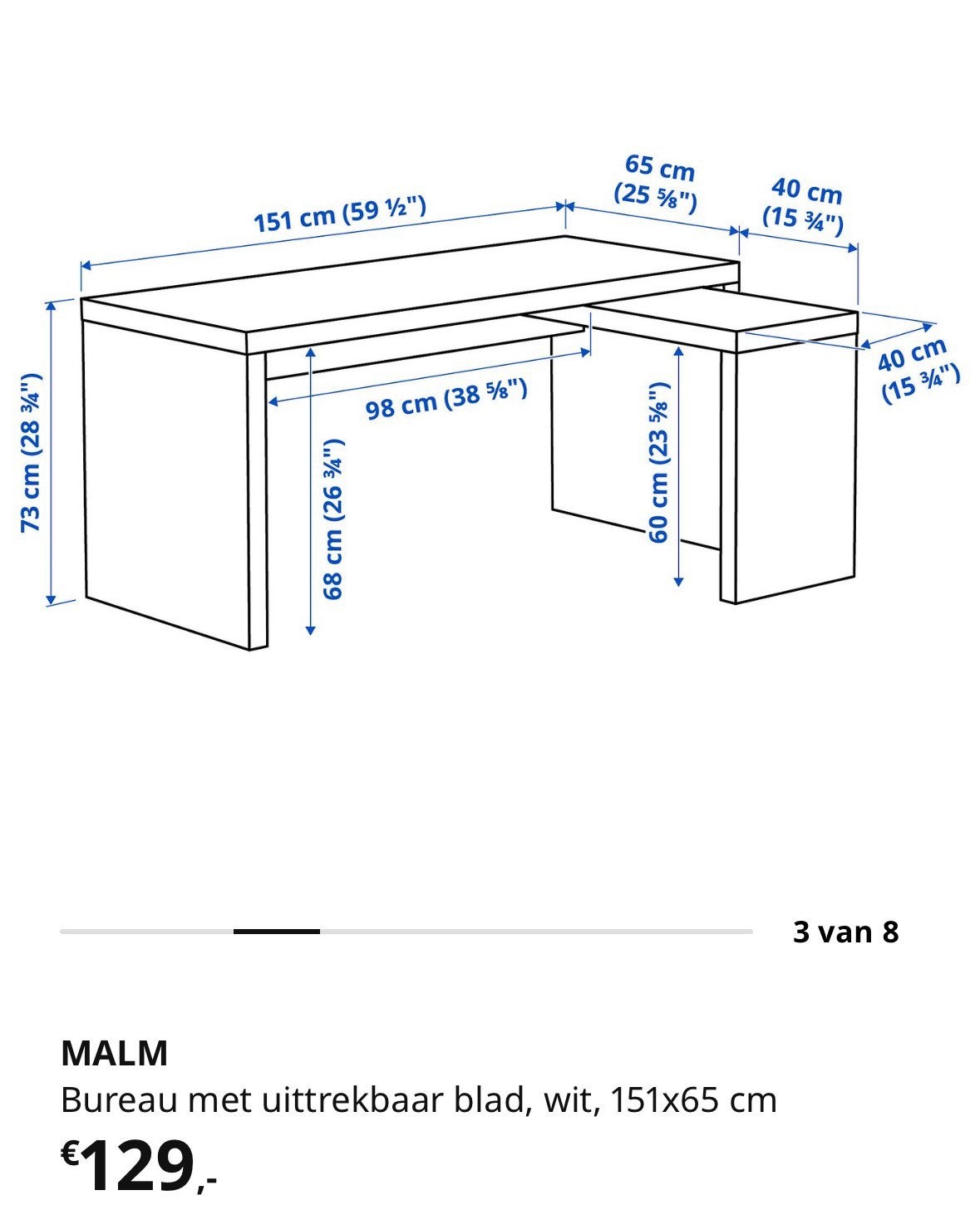 Ikea Malm bureau wit met uittrekbaar blad., Huis en Inrichting, Ophalen, Overige typen, Gebruikt, 65 cm