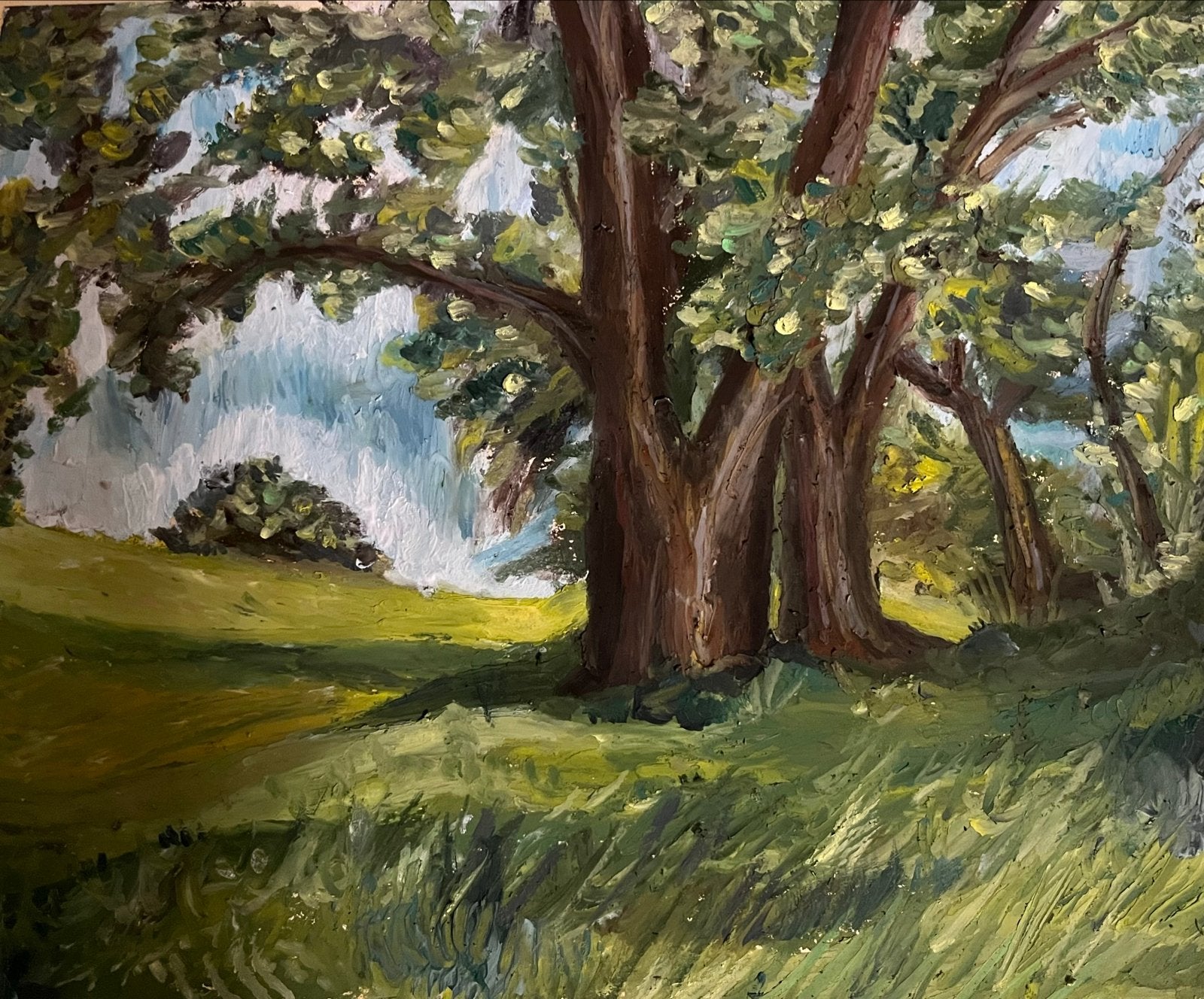 Origineel Oliepastel Schilderij: Groene Landschap met Bomen, Antiek en Kunst, Expressionistisch, Ophalen of Verzenden, Landschap
