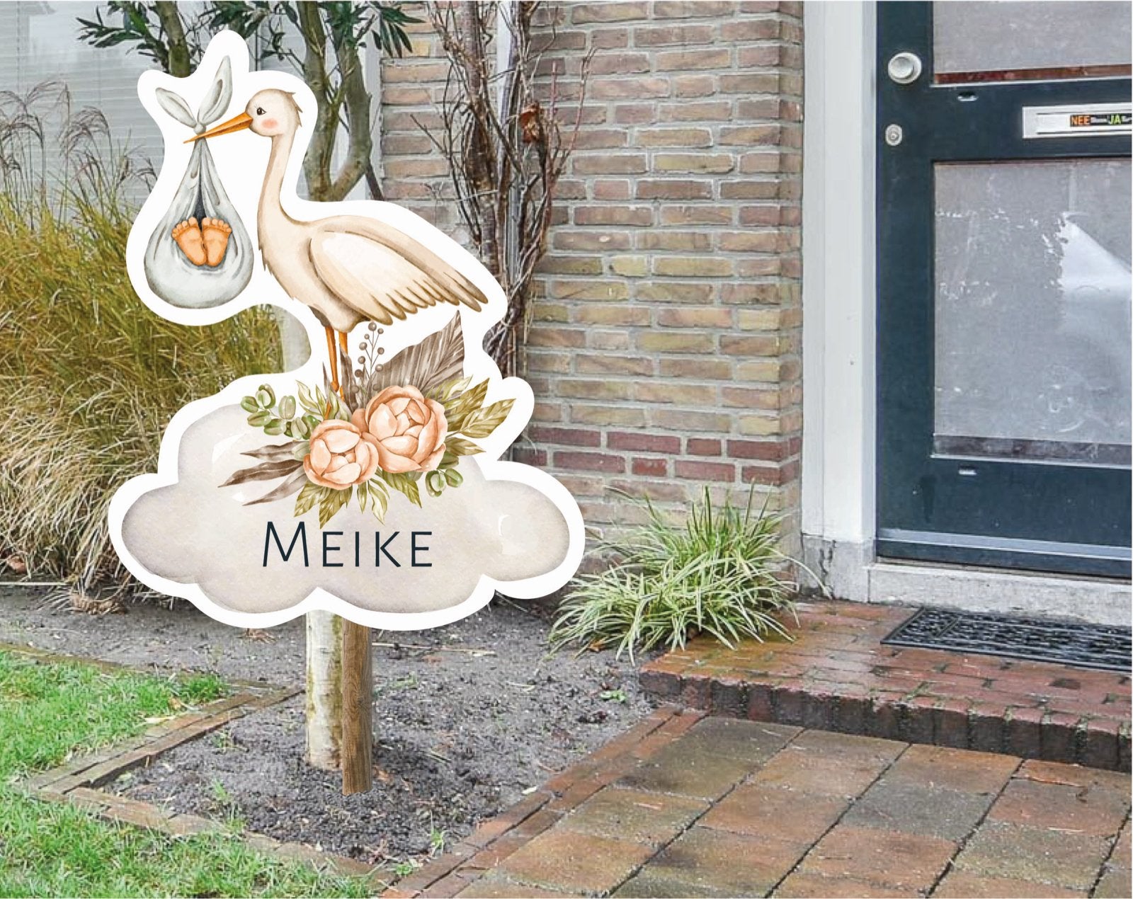 Geboortebord Ooievaar op wolk met bloemen en baby, Ophalen of Verzenden, Nieuw, Geboortebord