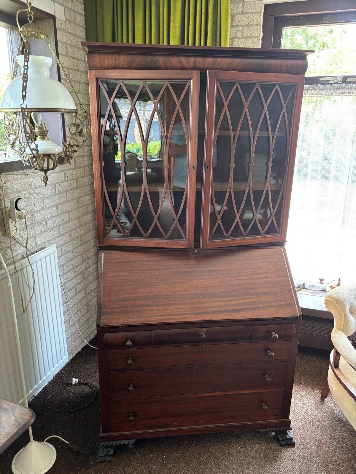 Antiek mahonie secretaire met vitrinekast, Antiek en Kunst, Antiek | Meubels | Kasten, Ophalen of Verzenden