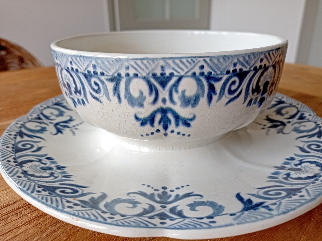 saus/juskom met vaste schotel wit/blauw 2x, Ophalen of Verzenden