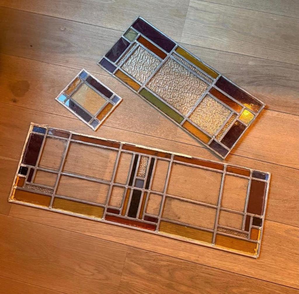 Drie stukken Glas in lood uit oude voordeur, Doe-het-zelf en Verbouw, Glas en Ramen, Ophalen, Gevelraam of Ruit, Gebruikt, Minder dan 80 cm