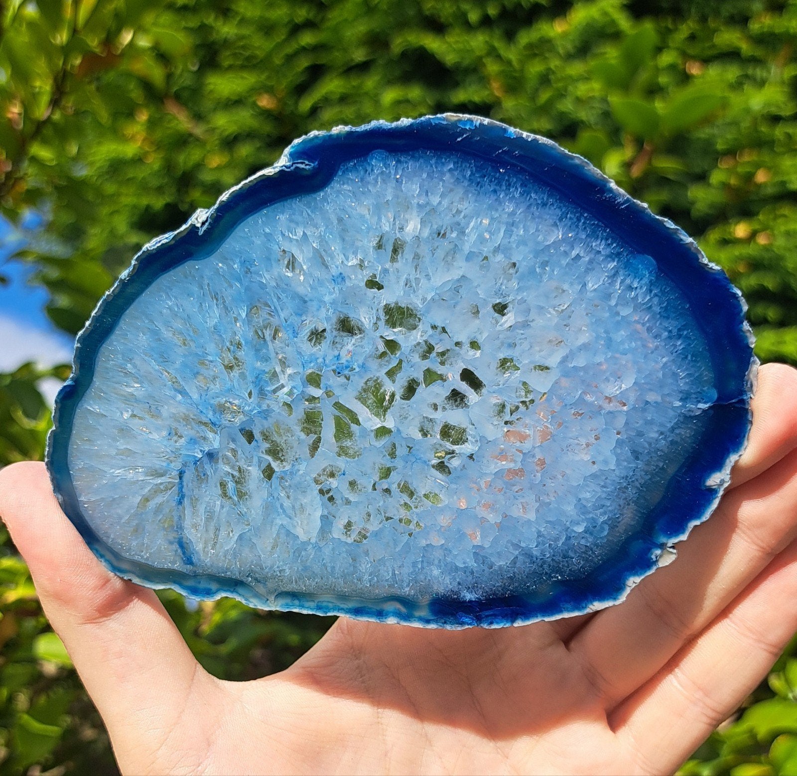 Blauwe Agaatschijf met Bergkristal edelsteen Agaatschijven, Verzamelen, Ophalen of Verzenden