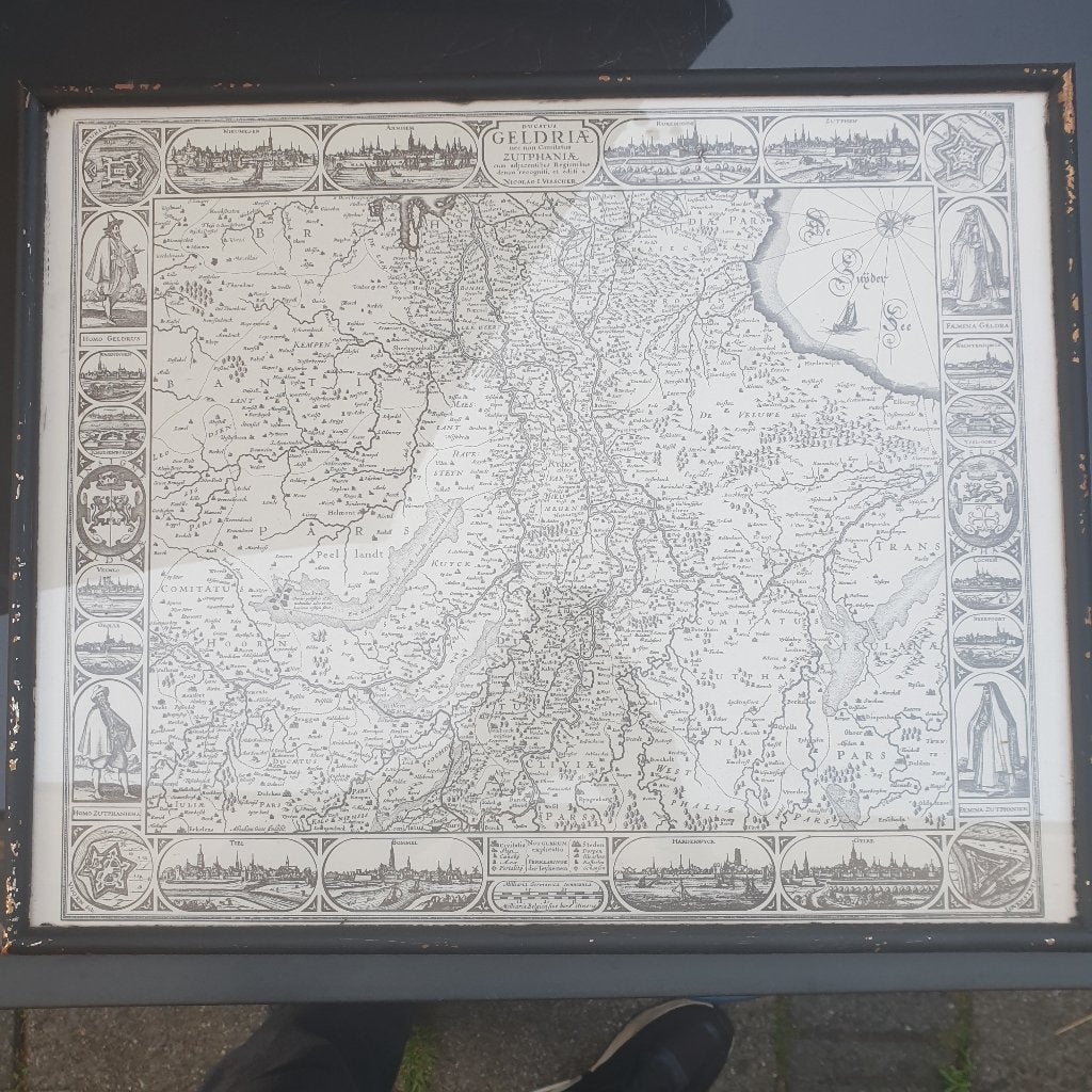 Prent Geldria Harderwijk Arnhem Zutphen, Ingelijst, 50 cm, Ophalen of Verzenden, Gravure