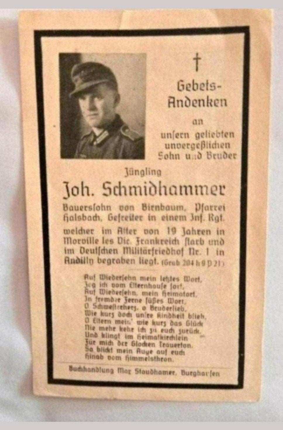 Duits Soldaat Morville westfront Andilly WW2- WO2 oorlog WK2, Ophalen of Verzenden, Bidprentje