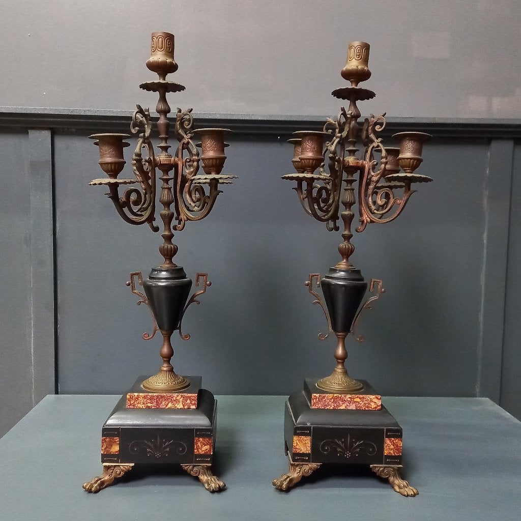 Set kandelabers van koper en brons, Antiek en Kunst, Antiek | Kandelaars, Ophalen of Verzenden, Koper of Brons