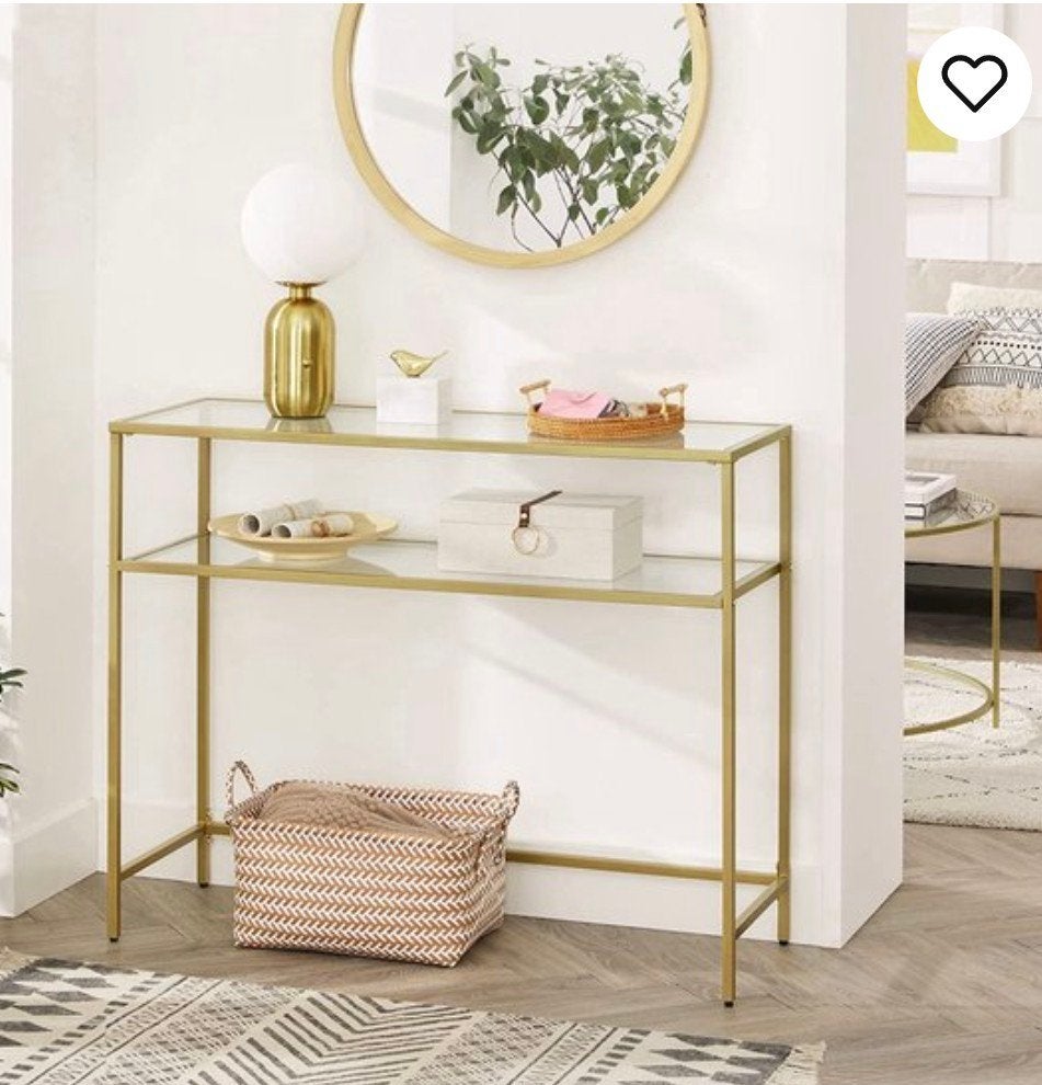 Gouden console tafel met glazen planken, Ophalen of Verzenden, Zo goed als nieuw