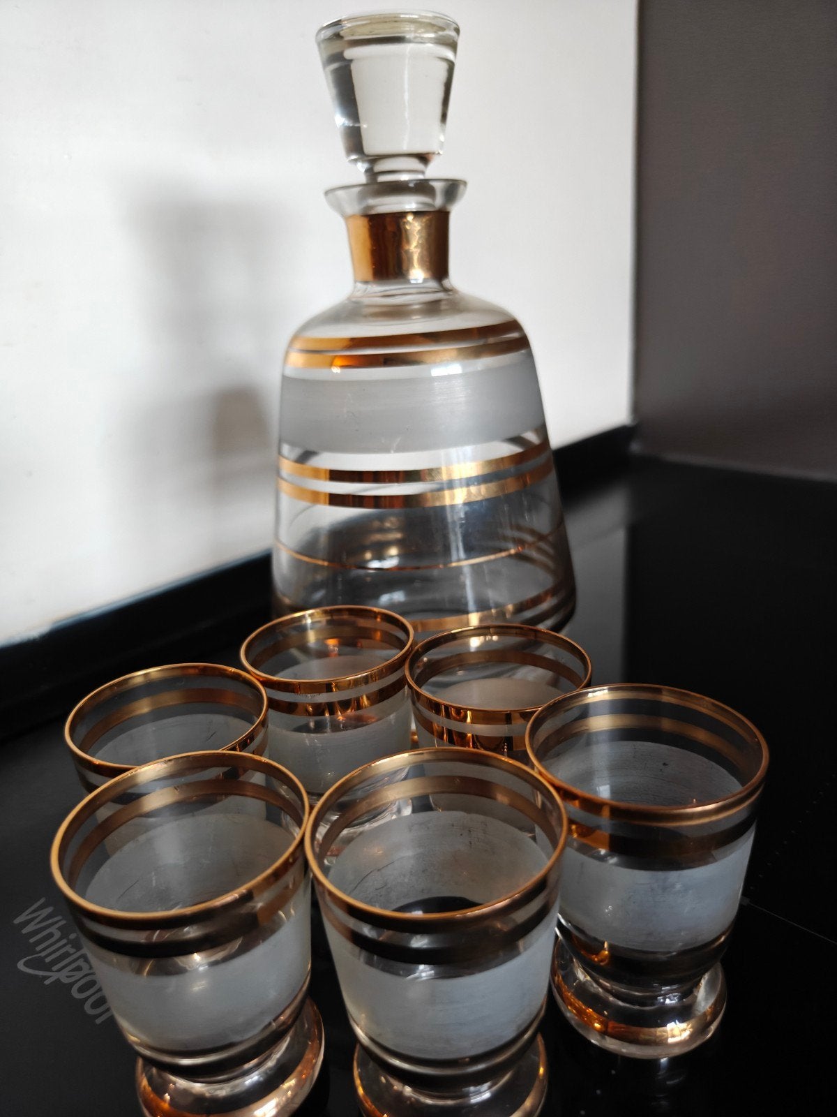 Vintage karaf met 6 borrelglaasjes - goudkleurige rand, Ophalen of Verzenden