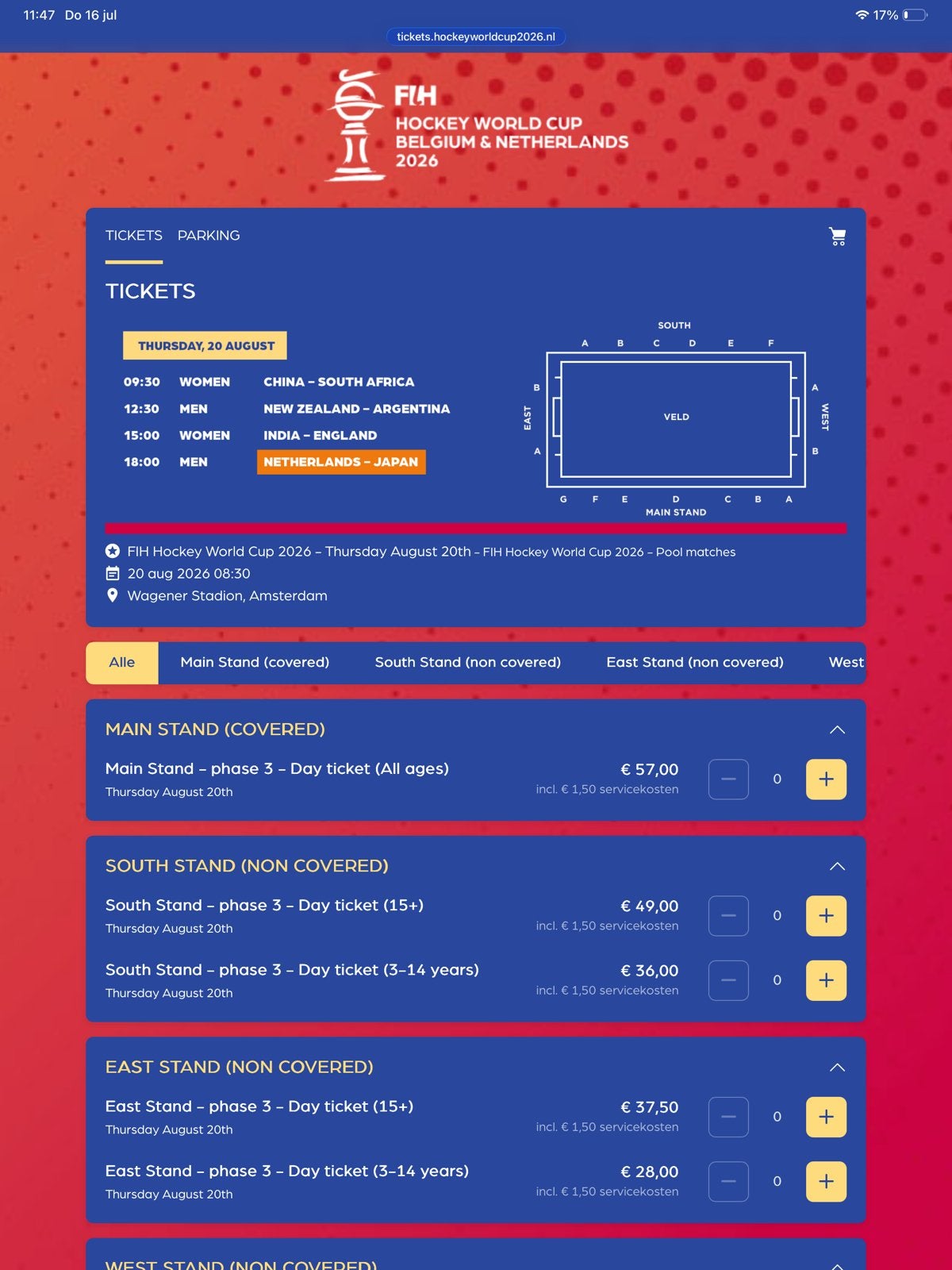 2 tickets voor 20 augustus FIH Hockey World Cup 2026, Twee personen