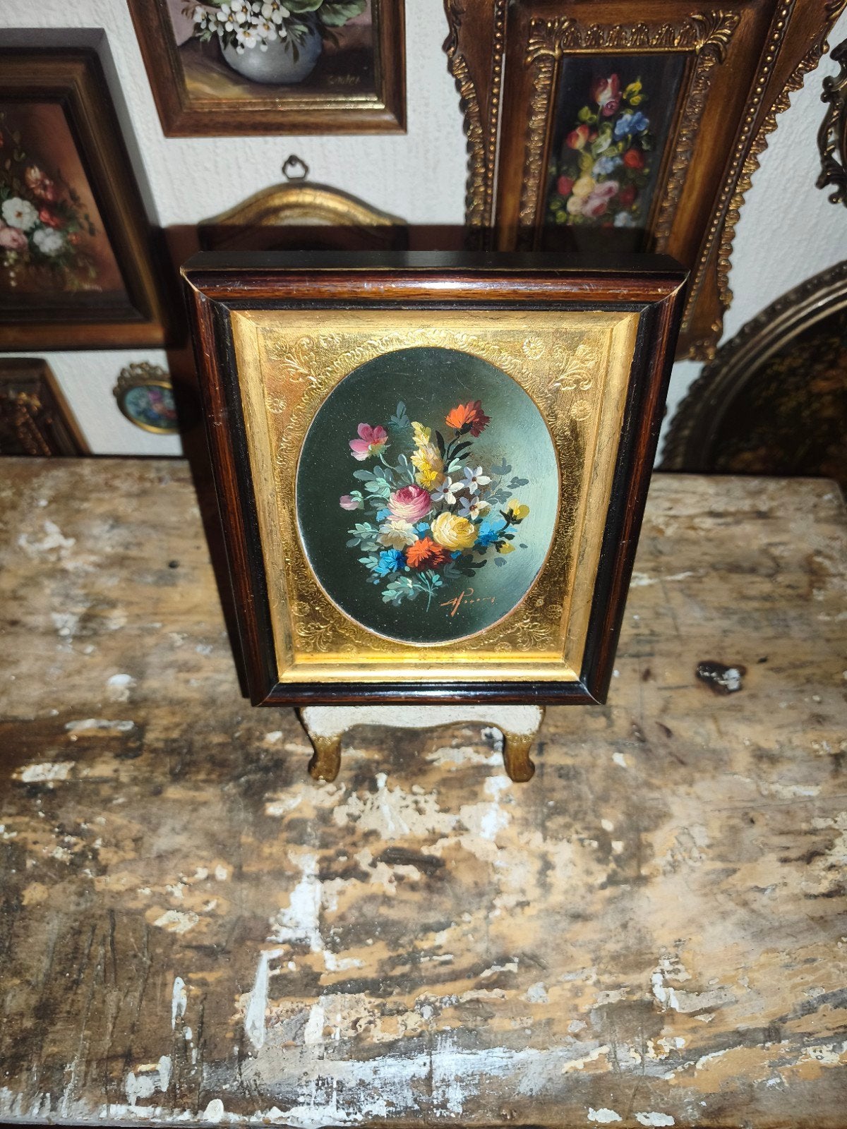oud schilderijtje schilderij lijst stilleven bloemen M82, Antiek en Kunst, Ophalen of Verzenden