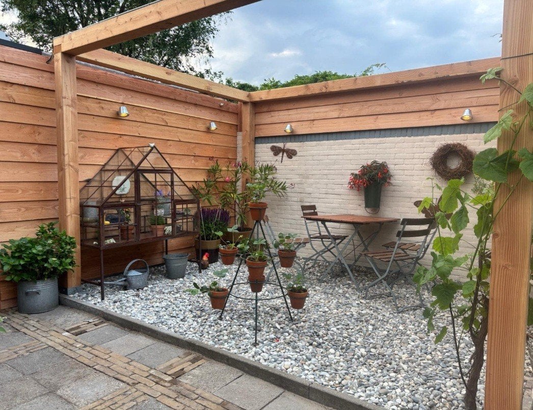 Bistro tuinset: houten tafel en 4 stoelen, Tuin en Terras, Ophalen, Gebruikt, Rechthoekig, Hout