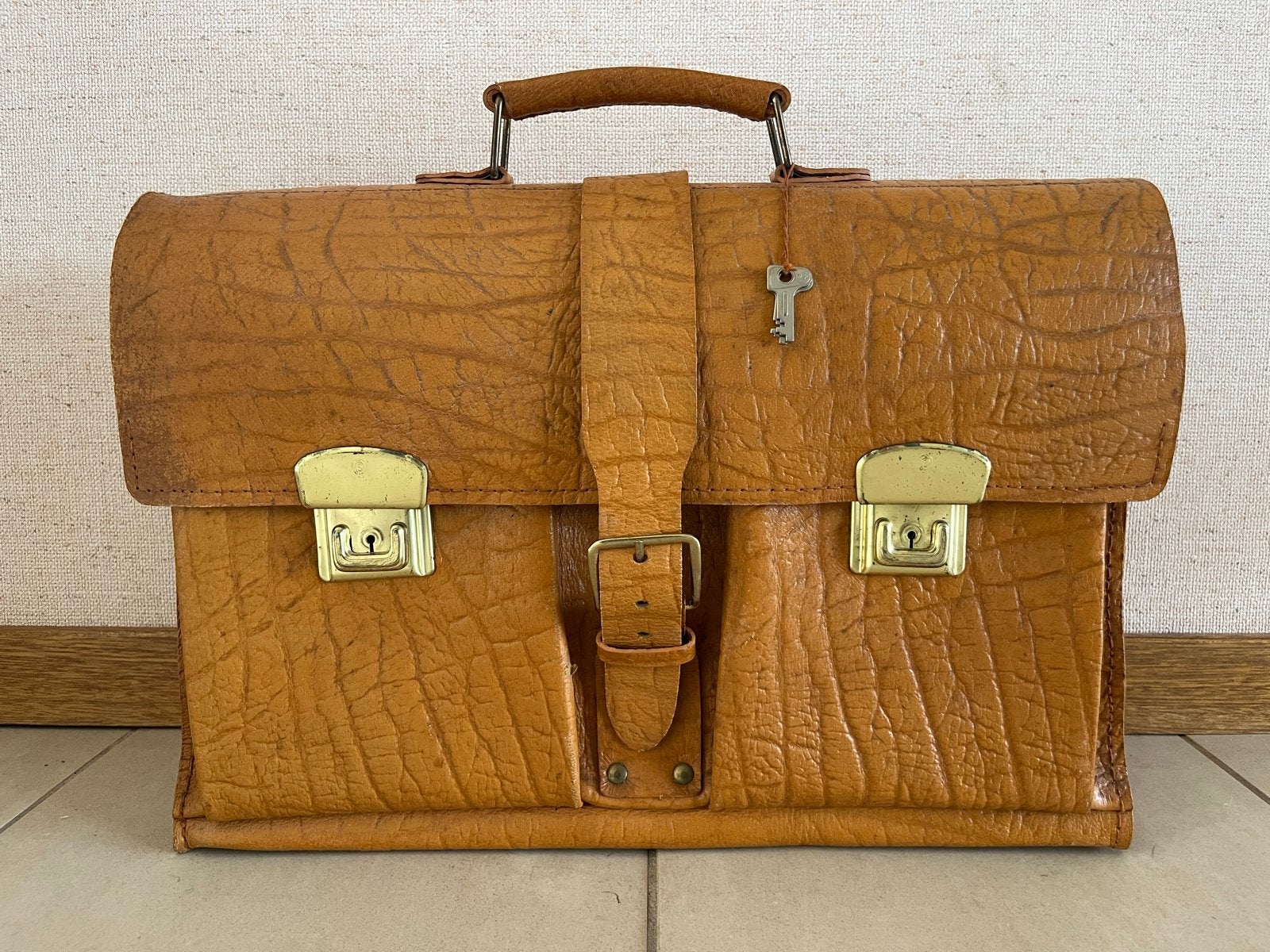 Vintage Leren Schooltas, Gebruikt, Bruin, Aktetas of Boekentas, Leer