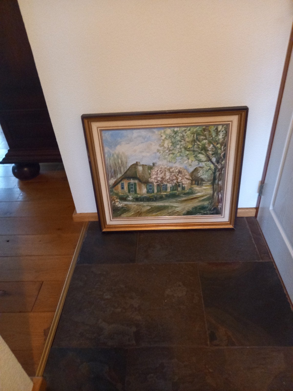 Schilderij met boerderij en landschap, 75x65 cm, Antiek en Kunst, Ophalen, Handgeschilderd, Doek, Realistisch