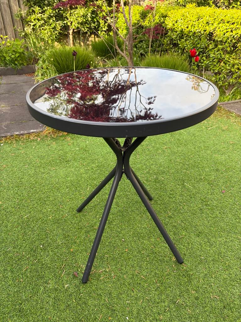 Bistro metalen tuintafel met gehard blas (60 cm), Ophalen, Zo goed als nieuw, Rond, Metaal