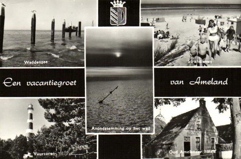 Een vacantiegroet van Ameland - 5 afb + wapen o.a. strand vu, Verzamelen, Ophalen of Verzenden, 1960 tot 1980, Gelopen, Friesland