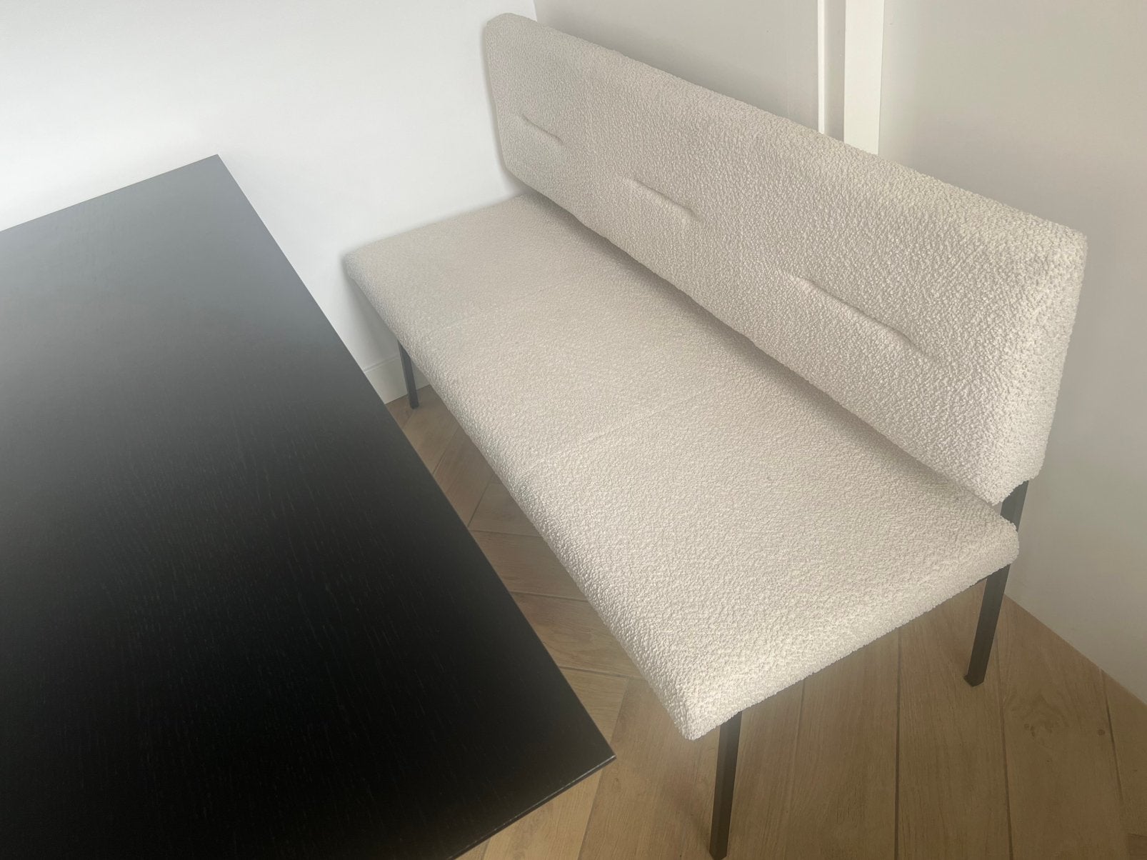 Eetkamerbank Dexter van Bodilson/bouclé stof/crème/148 cm, Ophalen, Gebruikt, Stof