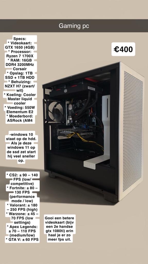 Gaming PC Ryzen 7 1700X GTX 1650 16GB RAM 1TB SSD+1TB HDD, Computers en Software, Gebruikt, HDD, Ophalen of Verzenden, Gaming