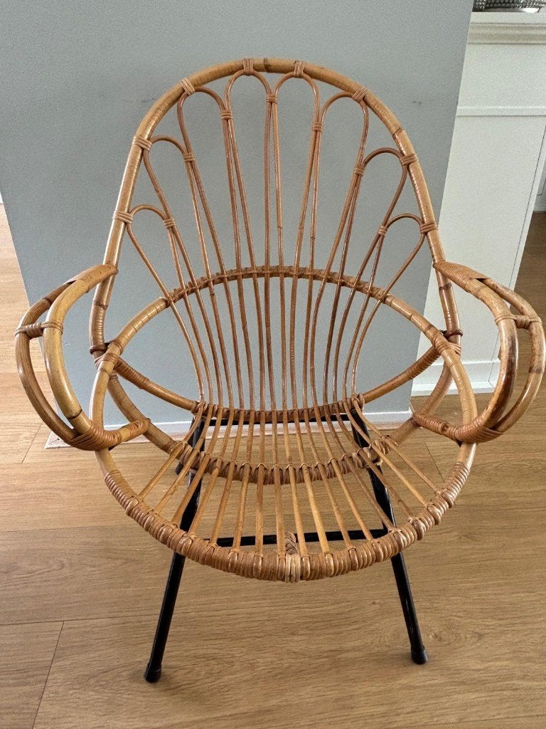 Vintage Bamboe Loungestoel Stoel Rotan, Huis en Inrichting, Stoelen, Ophalen, Gebruikt, Overige kleuren, Metaal