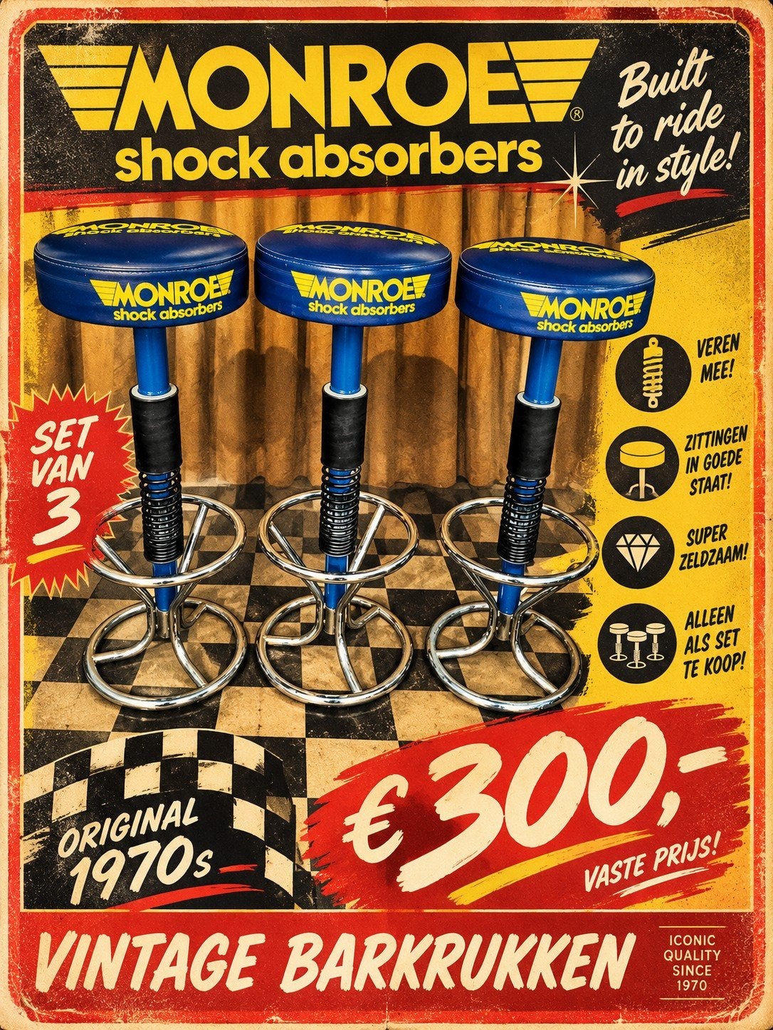 Set Monroe schokbreker Barkruk, Vintage Retro 1970 Barstool, 3 krukken, Ophalen, Gebruikt, 60 tot 90 cm