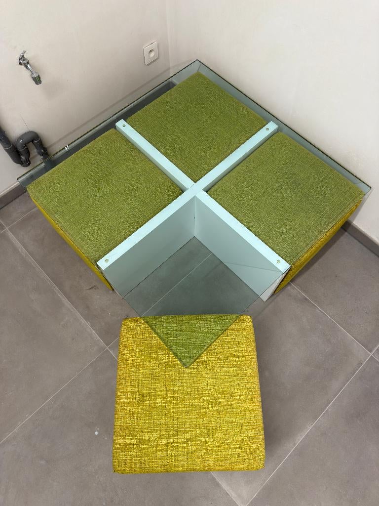 Salontafel met glas en 4 zitjes, Huis en Inrichting, Ophalen, 50 tot 100 cm, Vierkant, 50 tot 100 cm