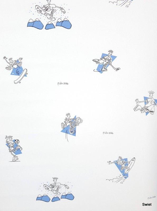 12853 Fido Dido kinderbehang in blauw zwart op wit swiet, Verzenden, Minder dan 10 m², Wit