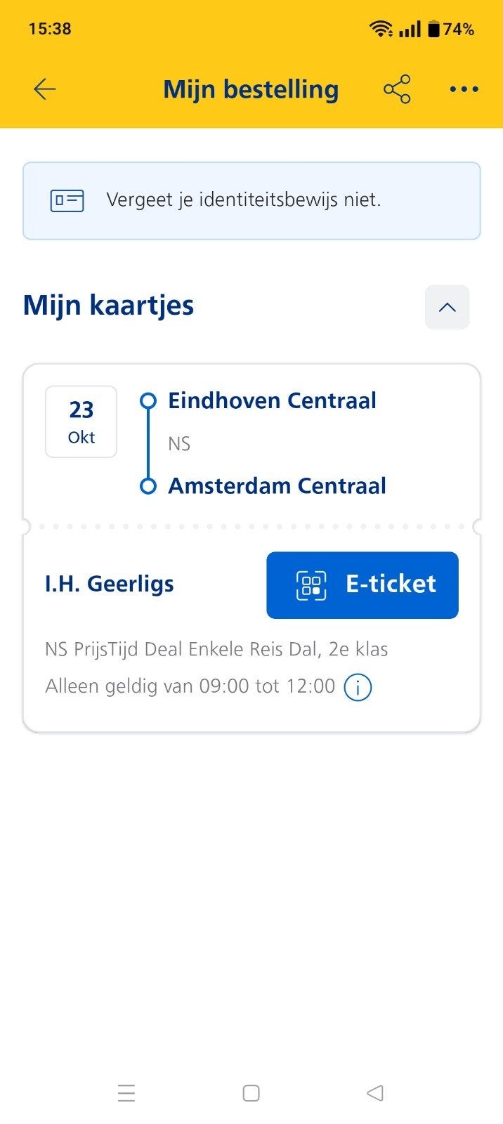 Treinkaartje NS Eindhoven Centraal Amsterdam voor 23 oktober, Eén persoon, Trein, Nederland, Met bestemming of datum