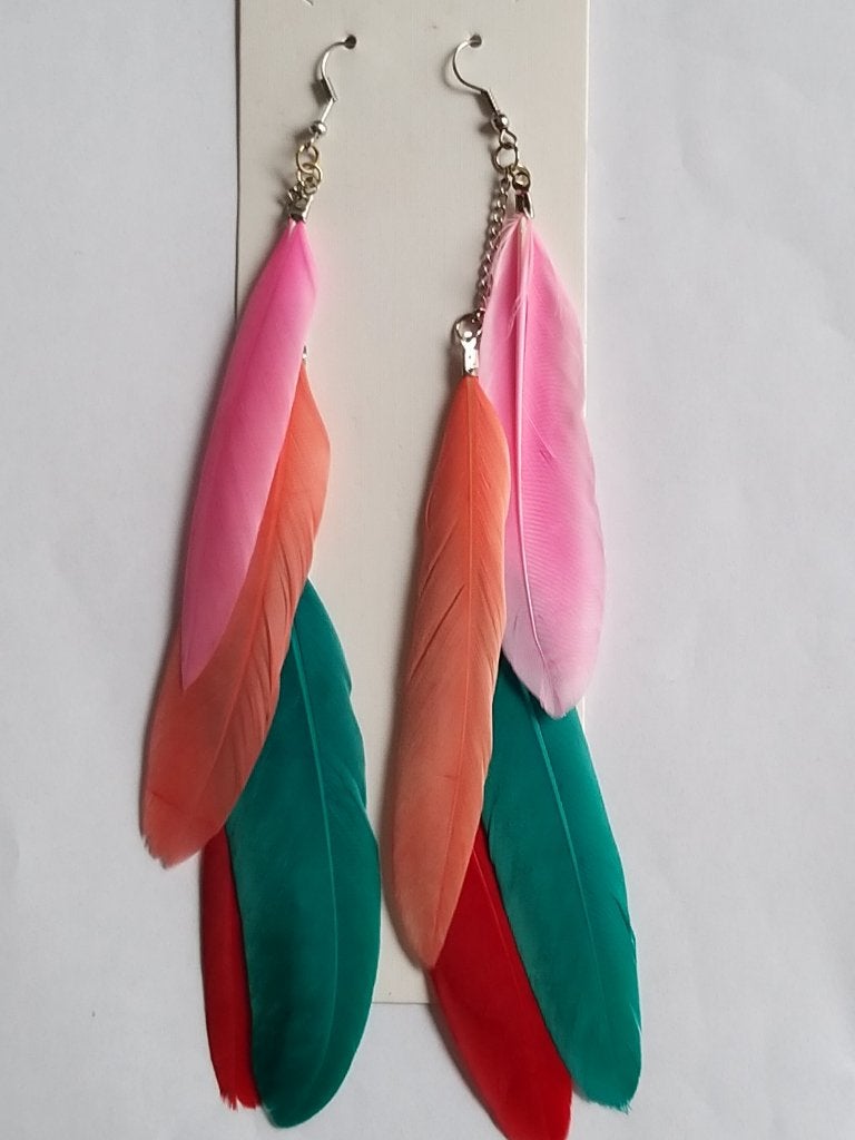 Roze,rode,oranje,groene veren hang oorbellen, Ophalen of Verzenden, Nieuw, Overige materialen, Hangers