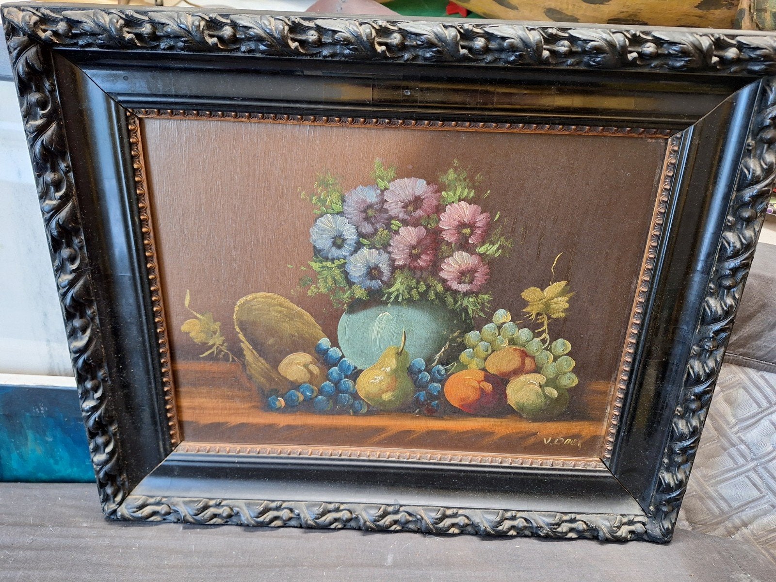 Stilleven op paneel - gesigneerd V. Doet, Paneel, Stilleven, Ophalen of Verzenden, Gesigneerd
