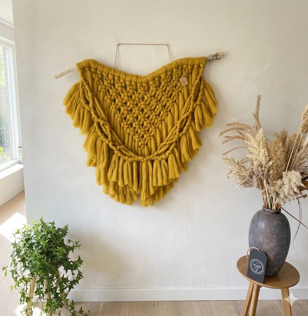Handgemaakt Macramé Wandkleed - Okergeel, Boho, Nieuw, Ophalen of Verzenden, Textiel