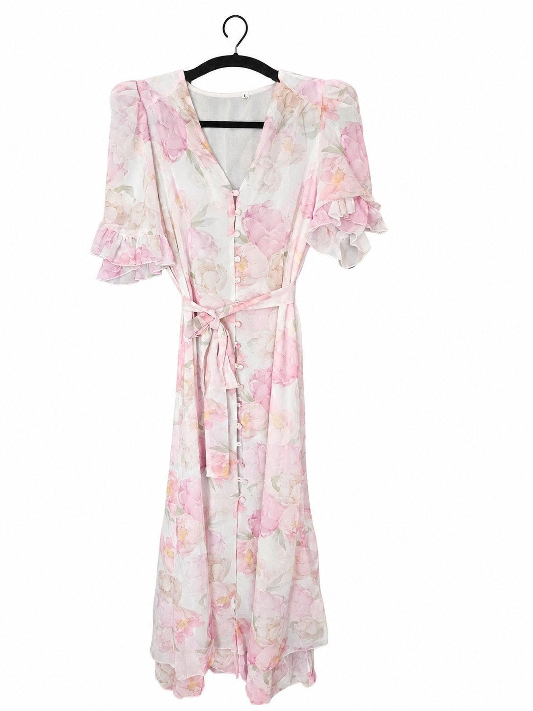 Maxi jurk met bloemenprint en ruches, Kleding | Dames, Jurken, Wit, Maat 42/44 (L), Ophalen of Verzenden, Onder de knie