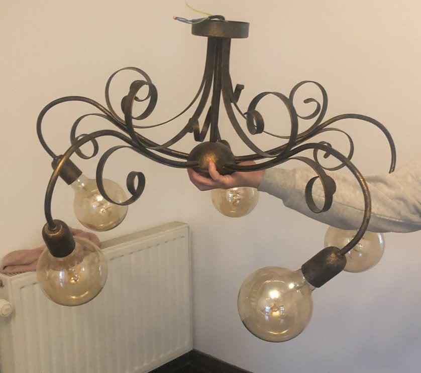 Antieke Gouden Kroonluchter met 5 Lichtpunten, Ophalen, Gebruikt, Metaal, E27 (groot)