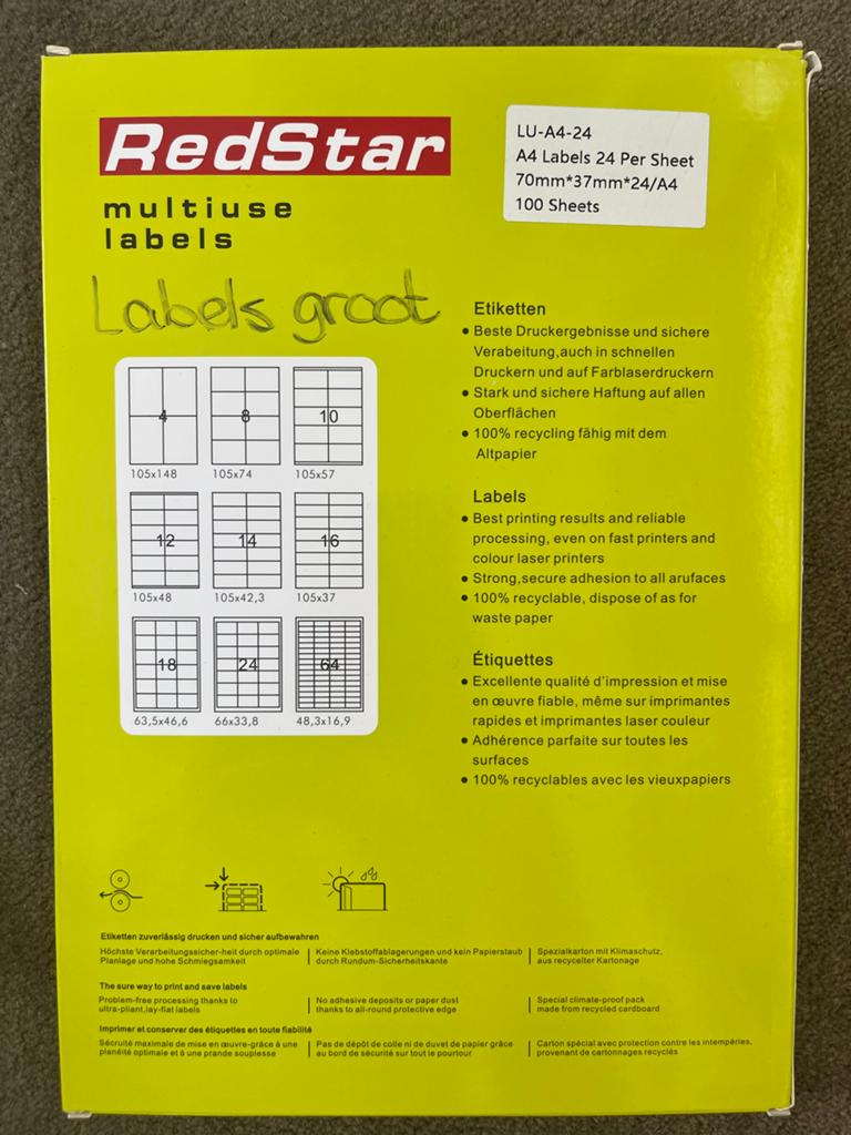 RedStar A4 Etiketten 70x37 mm (groot) - 2400 stuks, Ophalen of Verzenden, Nieuw