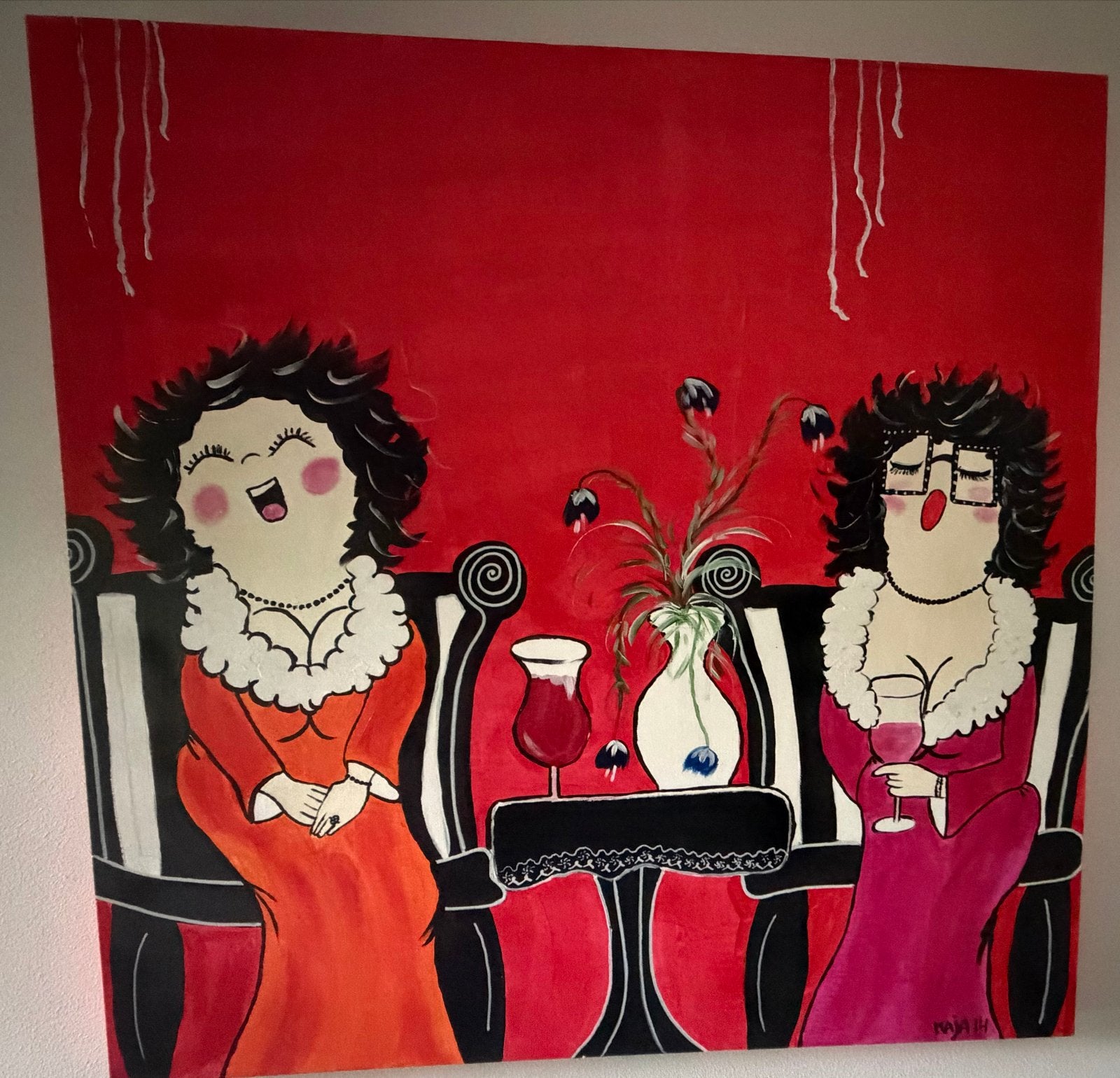 Schilderij 'Vrouwen aan de borrel' 100x100 cm, Antiek en Kunst, Ophalen, Handgeschilderd, Textiel, Figuren