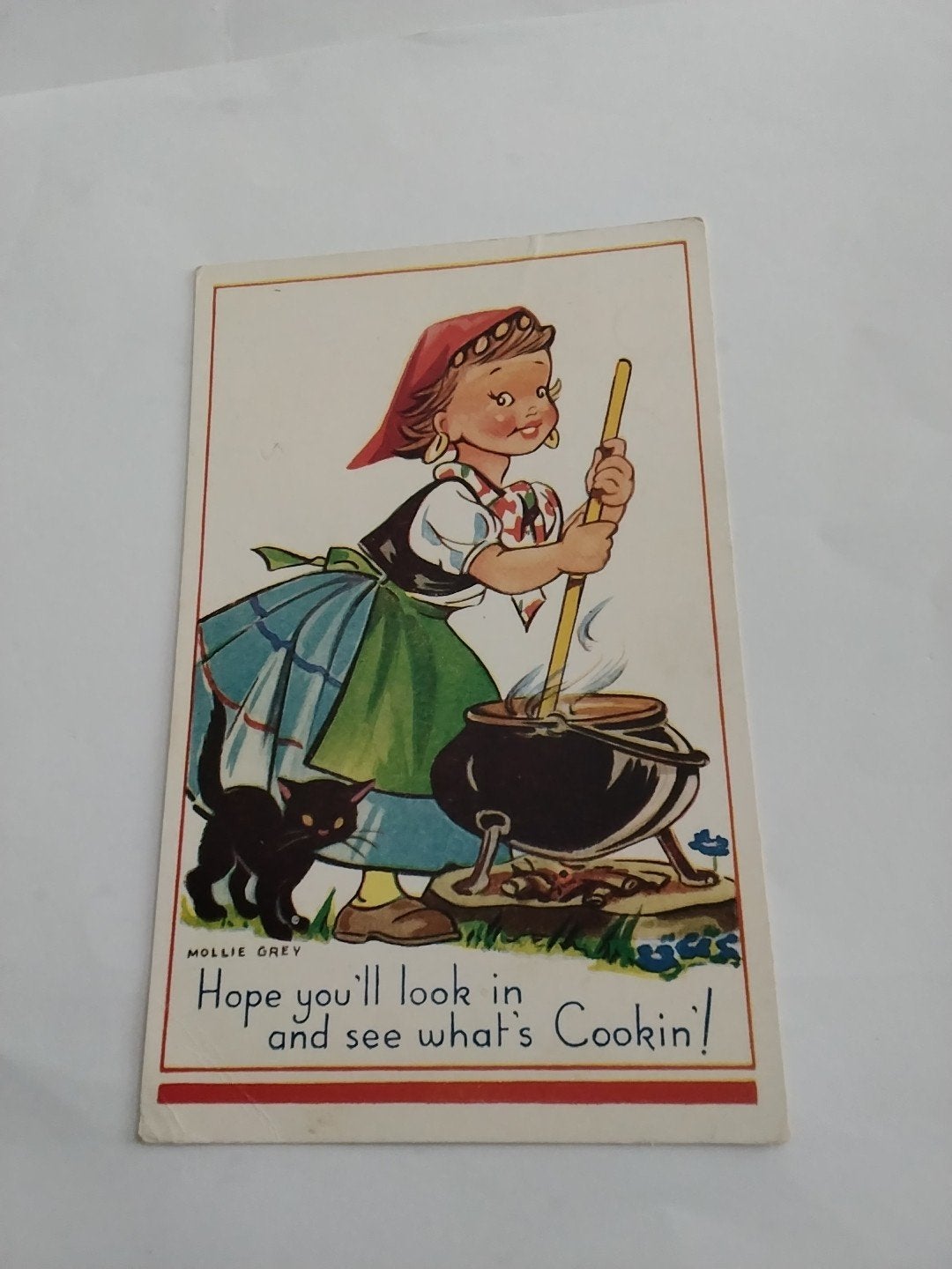 Vintage Ansichtkaart: Meisje kookt met kat (Mollie Grey), Verzamelen, Ansichtkaarten | Themakaarten, Ophalen of Verzenden