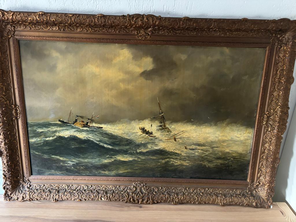 Jaarsma Schilderij: Schepen op woelige zee (1949), Ophalen of Verzenden