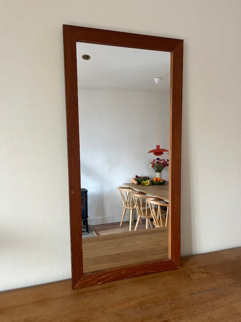Vintage Deense teakhouten spiegel, Minder dan 50 cm, Gebruikt, Ophalen of Verzenden, X