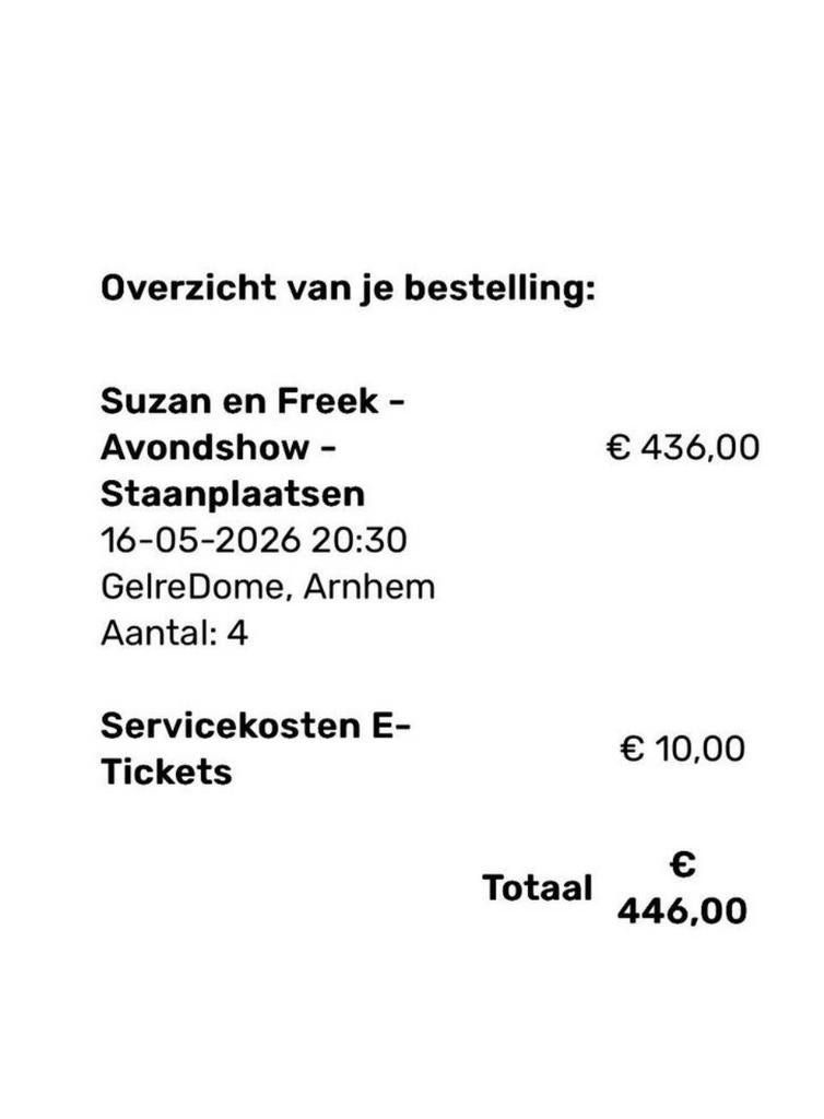 4 Tickets Susan en Freek staan 16 mei Gelredome, Tickets en Kaartjes, Twee personen, Overige soorten