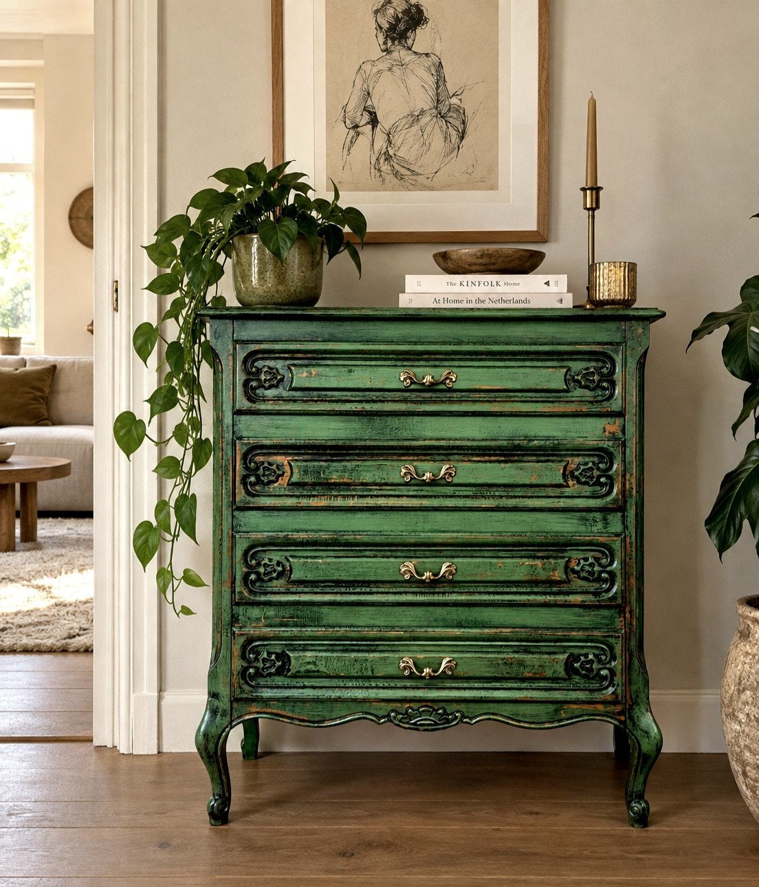 Groen vintage dressoir/ Franse commode/ ladekastje, Huis en Inrichting, Donyavimin@gmail.com, Mina Donyavi Meubels, Zo goed als nieuw